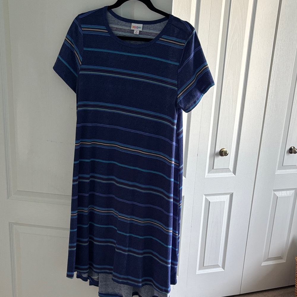 LuLaRoe Carly Blue Striped High Low Dress EUC worn once